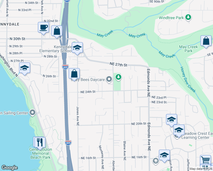 map of restaurants, bars, coffee shops, grocery stores, and more near 2427 Aberdeen Avenue Northeast in Renton
