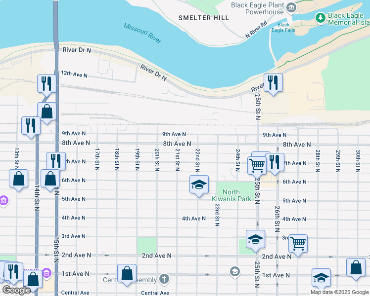 map of restaurants, bars, coffee shops, grocery stores, and more near 2119 8th Avenue North in Great Falls