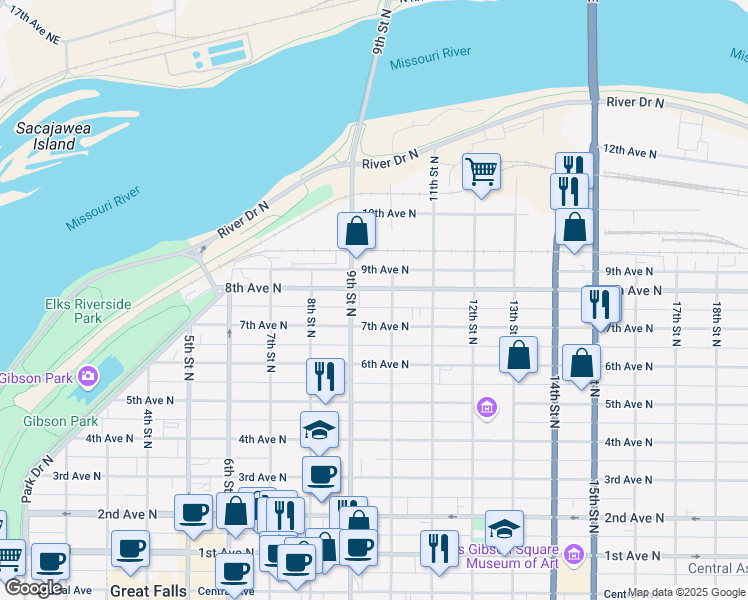 map of restaurants, bars, coffee shops, grocery stores, and more near 914 8th Avenue North in Great Falls