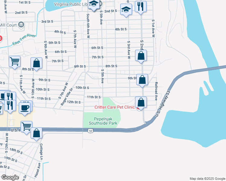 map of restaurants, bars, coffee shops, grocery stores, and more near 331 10th Street South in Virginia