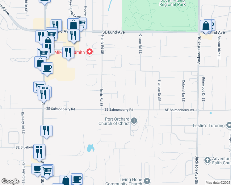 map of restaurants, bars, coffee shops, grocery stores, and more near 2243 Southeast Abernathy Court in Port Orchard