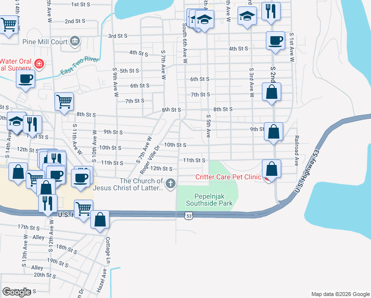 map of restaurants, bars, coffee shops, grocery stores, and more near 521 10th Street South in Virginia