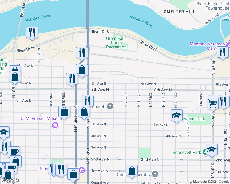 map of restaurants, bars, coffee shops, grocery stores, and more near 715 17th Street North in Great Falls