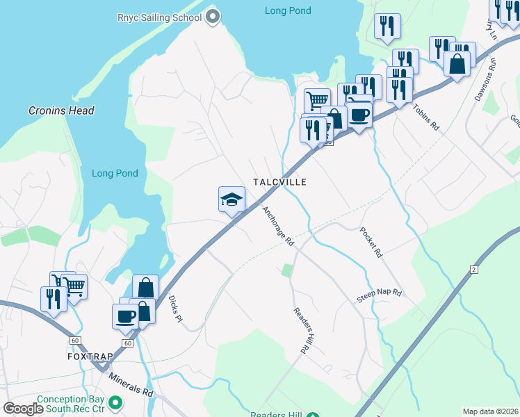 map of restaurants, bars, coffee shops, grocery stores, and more near 239 Conception Bay Highway in Conception Bay South