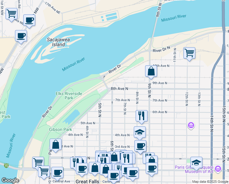 map of restaurants, bars, coffee shops, grocery stores, and more near 600 8th Avenue North in Great Falls