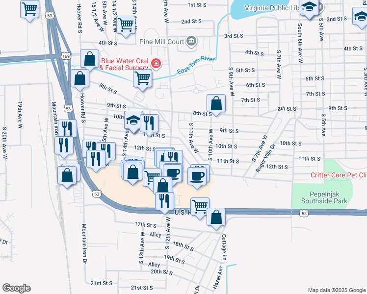 map of restaurants, bars, coffee shops, grocery stores, and more near 1123 11th Street South in Virginia