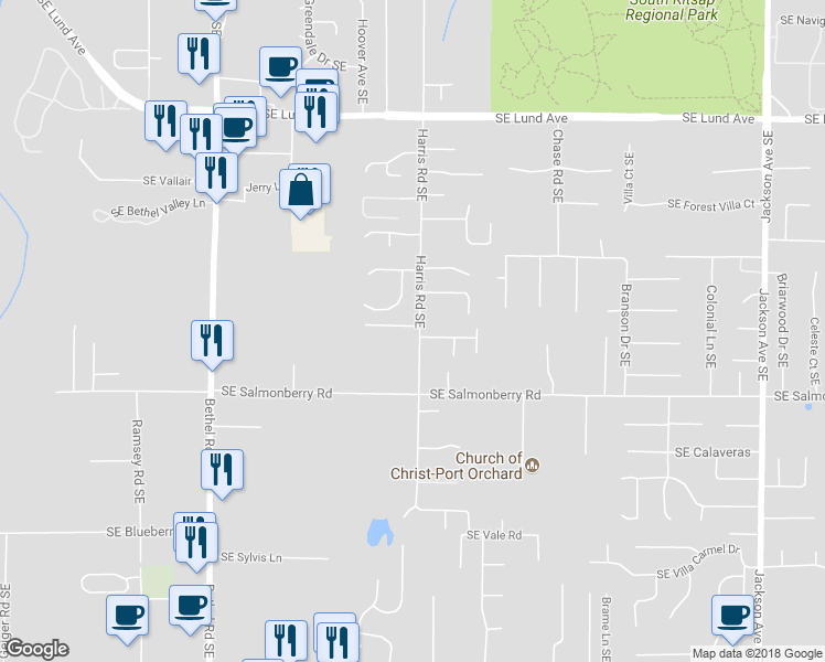 map of restaurants, bars, coffee shops, grocery stores, and more near 3896 Harris Road Southeast in Port Orchard