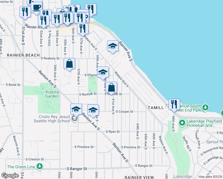 map of restaurants, bars, coffee shops, grocery stores, and more near 9737 61st Avenue South in Seattle