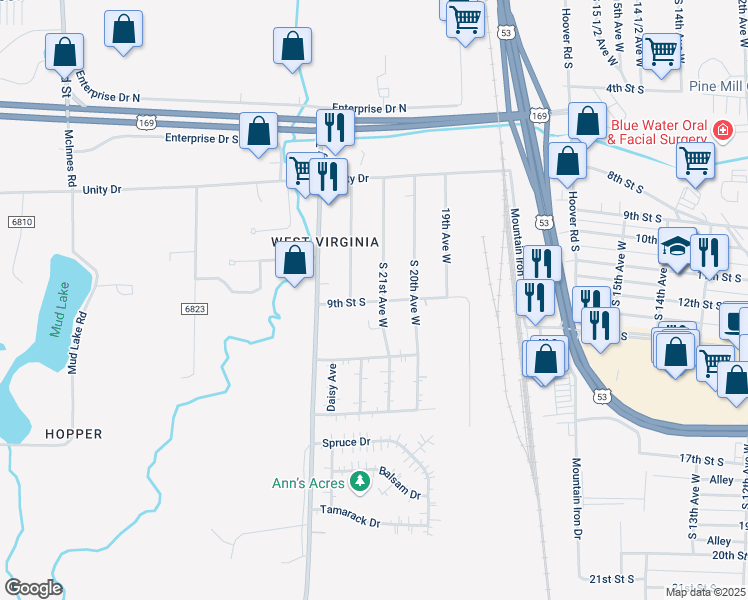 map of restaurants, bars, coffee shops, grocery stores, and more near 5461 South 21st Avenue West in Virginia