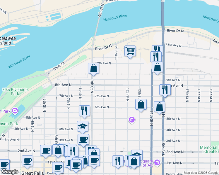 map of restaurants, bars, coffee shops, grocery stores, and more near 1006 8th Avenue North in Great Falls