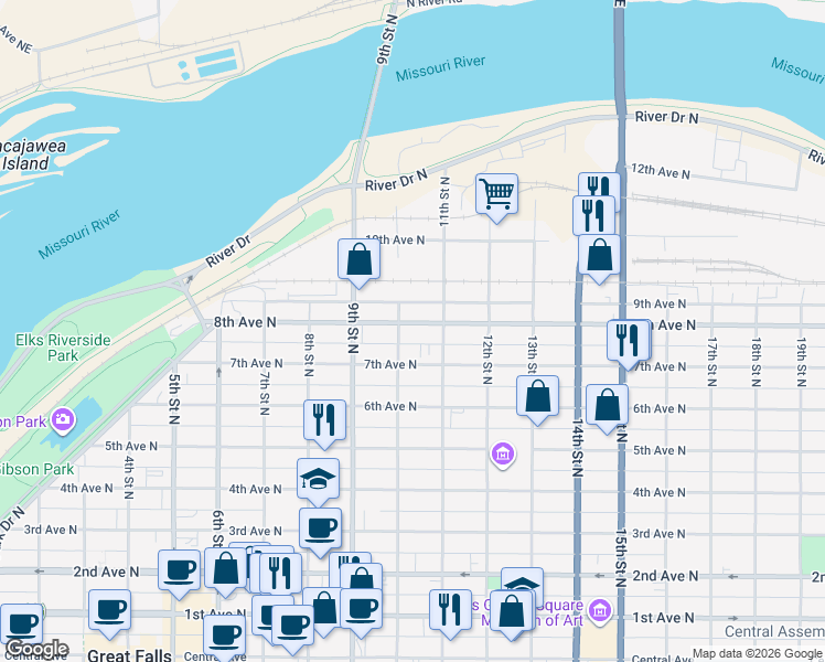 map of restaurants, bars, coffee shops, grocery stores, and more near 1006 8th Avenue North in Great Falls