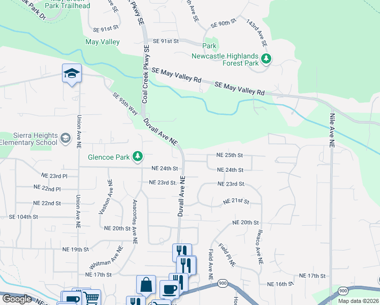 map of restaurants, bars, coffee shops, grocery stores, and more near 4702 Northeast 25th Street in Renton
