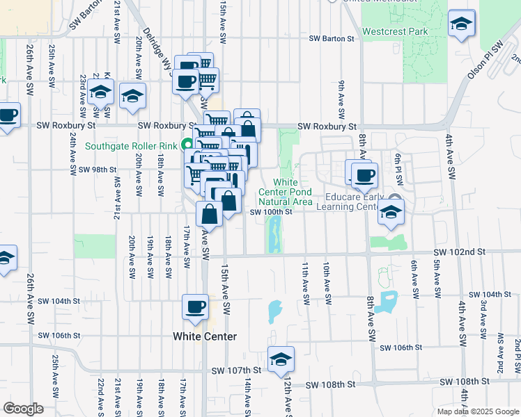 map of restaurants, bars, coffee shops, grocery stores, and more near 1318 Southwest 100th Street in Seattle