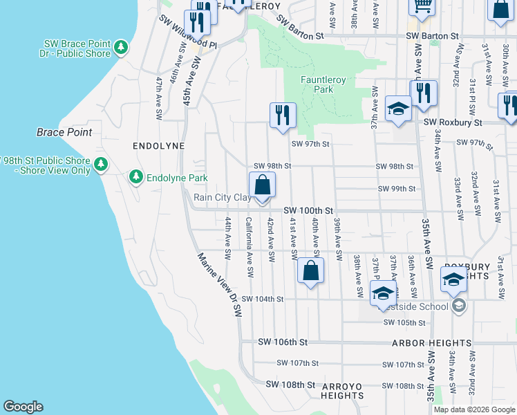 map of restaurants, bars, coffee shops, grocery stores, and more near 4208 Southwest 100th Street in Seattle