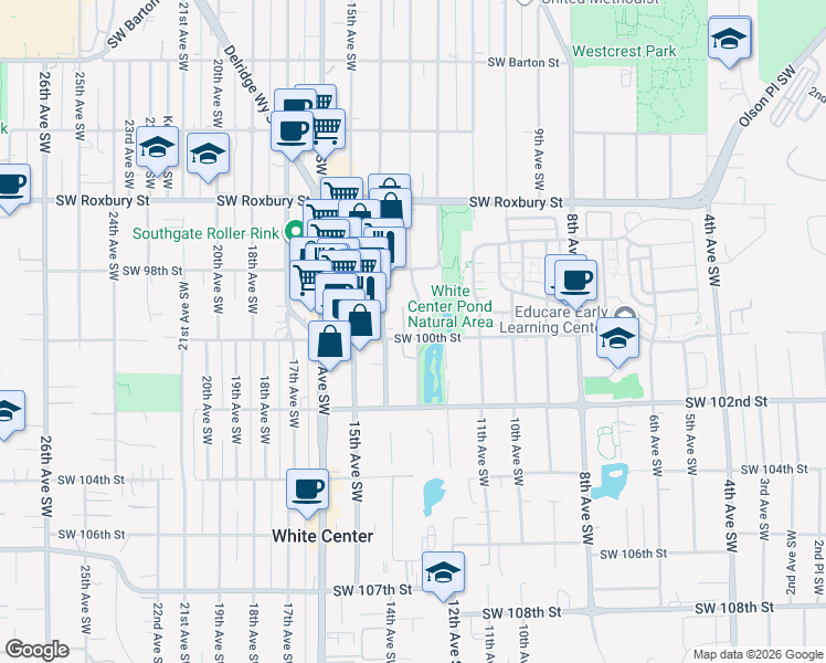 map of restaurants, bars, coffee shops, grocery stores, and more near 1318 Southwest 100th Street in Seattle