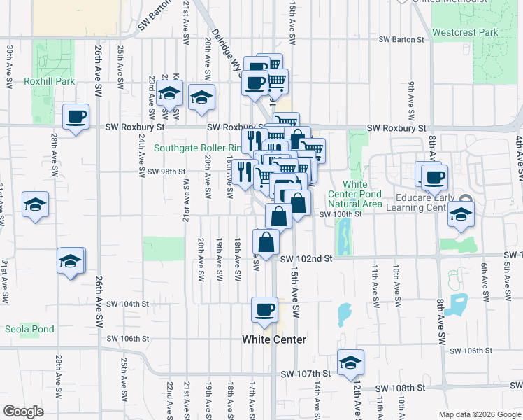 map of restaurants, bars, coffee shops, grocery stores, and more near 9849 17th Avenue Southwest in Seattle
