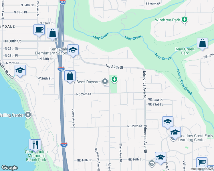 map of restaurants, bars, coffee shops, grocery stores, and more near 2427 Aberdeen Avenue Northeast in Renton