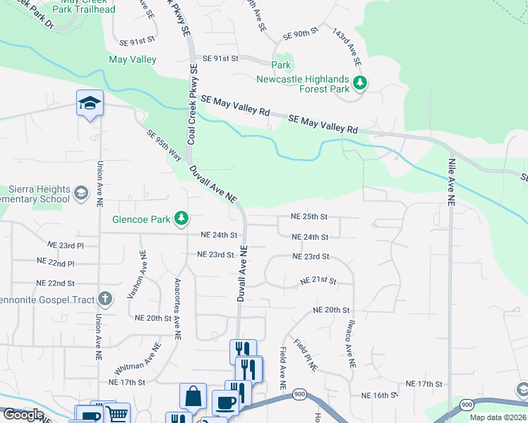 map of restaurants, bars, coffee shops, grocery stores, and more near 4720 Northeast 25th Street in Renton