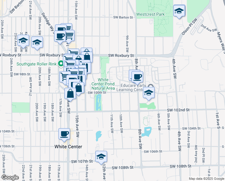 map of restaurants, bars, coffee shops, grocery stores, and more near 1096 Southwest 100th Street in Seattle