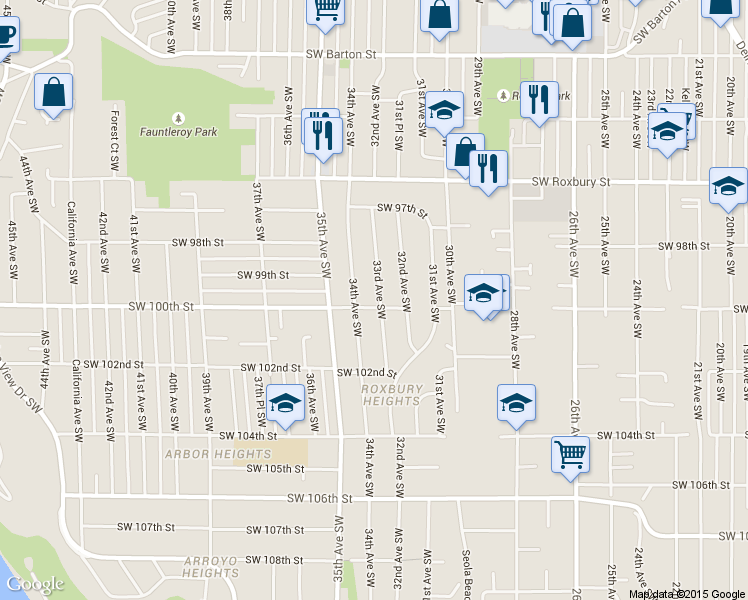 map of restaurants, bars, coffee shops, grocery stores, and more near 3304 Southwest 100th Street in Seattle
