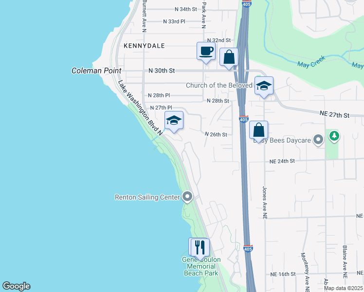 map of restaurants, bars, coffee shops, grocery stores, and more near 2130-2406 Lake Washington Boulevard North in Renton