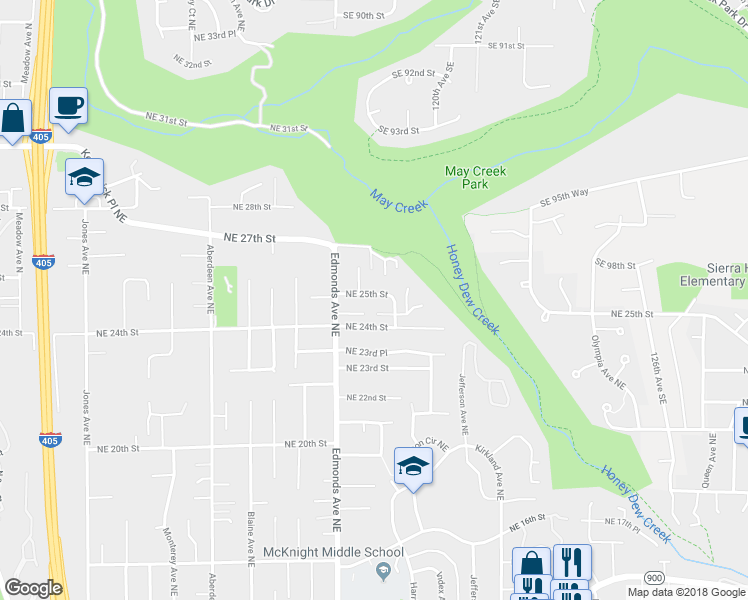 map of restaurants, bars, coffee shops, grocery stores, and more near 2615 Northeast 25th Street in Renton