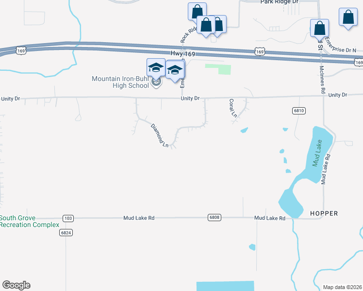 map of restaurants, bars, coffee shops, grocery stores, and more near 5474 Diamond Lane in Mountain Iron