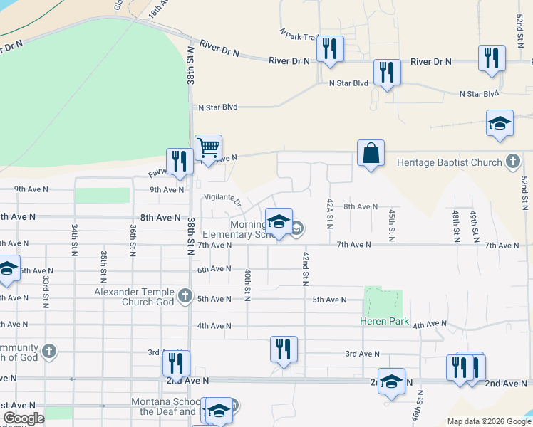 map of restaurants, bars, coffee shops, grocery stores, and more near 4007 Hanging Tree Road in Great Falls