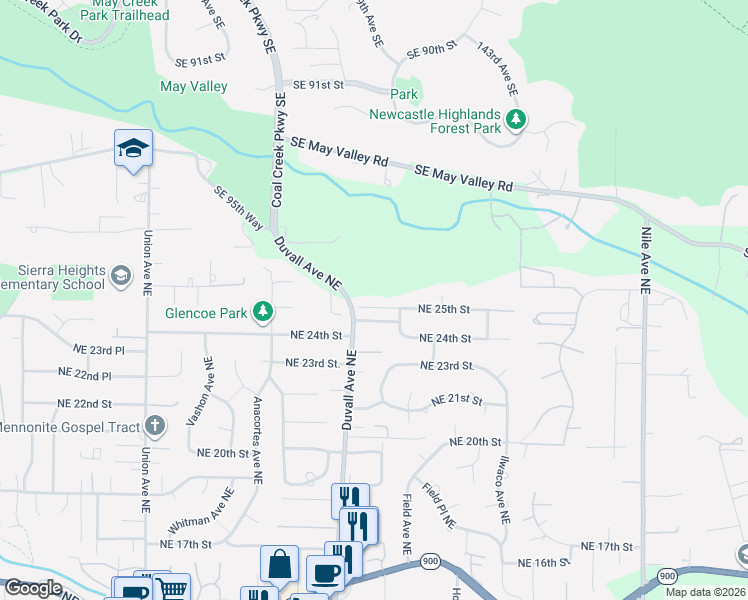map of restaurants, bars, coffee shops, grocery stores, and more near 4702 Northeast 25th Street in Renton