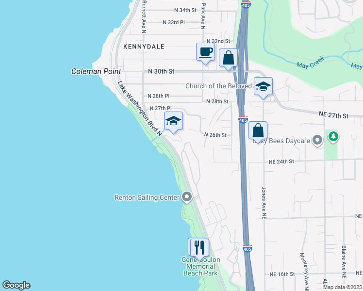 map of restaurants, bars, coffee shops, grocery stores, and more near 2130-2406 Lake Washington Boulevard North in Renton