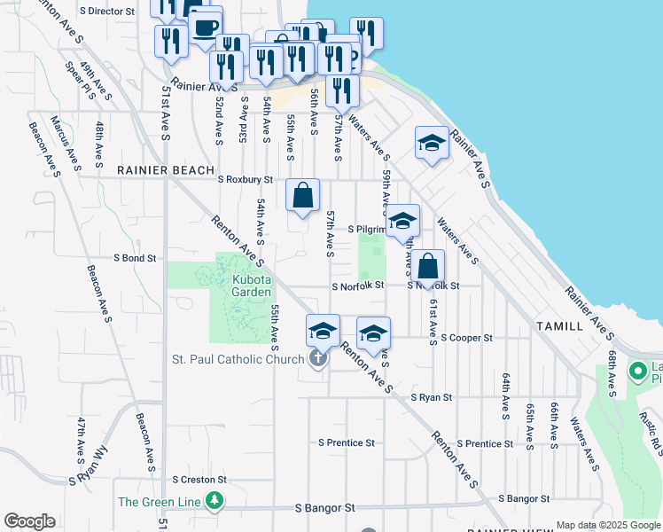 map of restaurants, bars, coffee shops, grocery stores, and more near 9732 57th Avenue South in Seattle