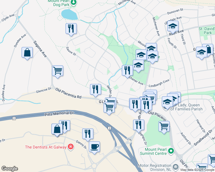 map of restaurants, bars, coffee shops, grocery stores, and more near Nelder Drive in Mount Pearl