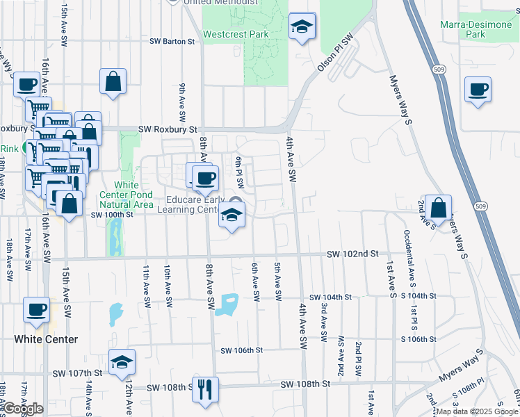 map of restaurants, bars, coffee shops, grocery stores, and more near 9928 6th Avenue Southwest in Seattle