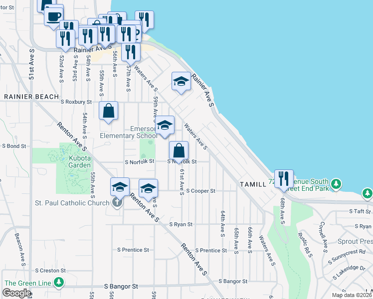 map of restaurants, bars, coffee shops, grocery stores, and more near 9746 61st Avenue South in Seattle