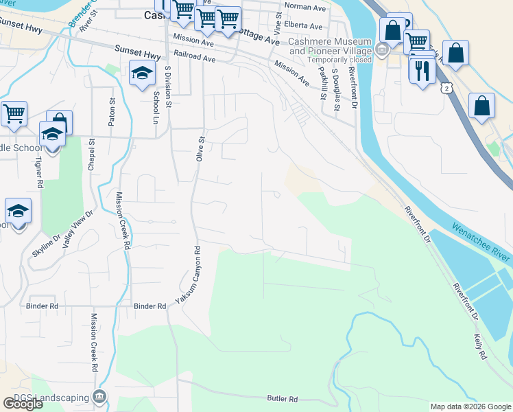 map of restaurants, bars, coffee shops, grocery stores, and more near 5300 Kennedy Road in Cashmere