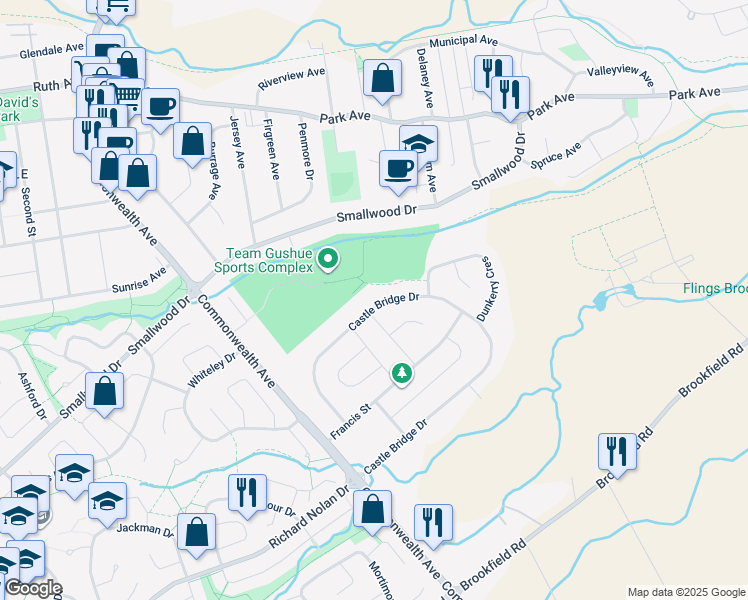 map of restaurants, bars, coffee shops, grocery stores, and more near 142 Castle Bridge Drive in St. John's