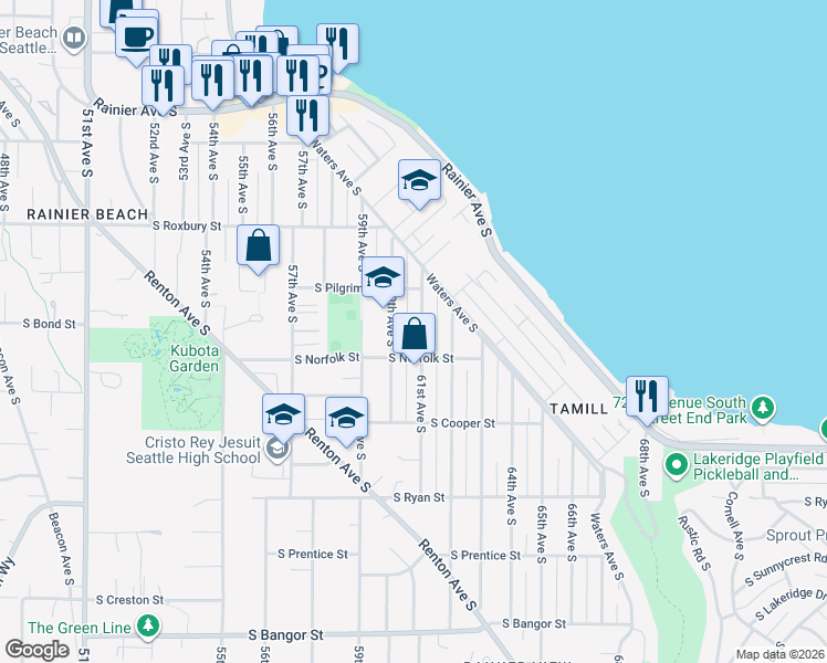map of restaurants, bars, coffee shops, grocery stores, and more near 9737 61st Avenue South in Seattle