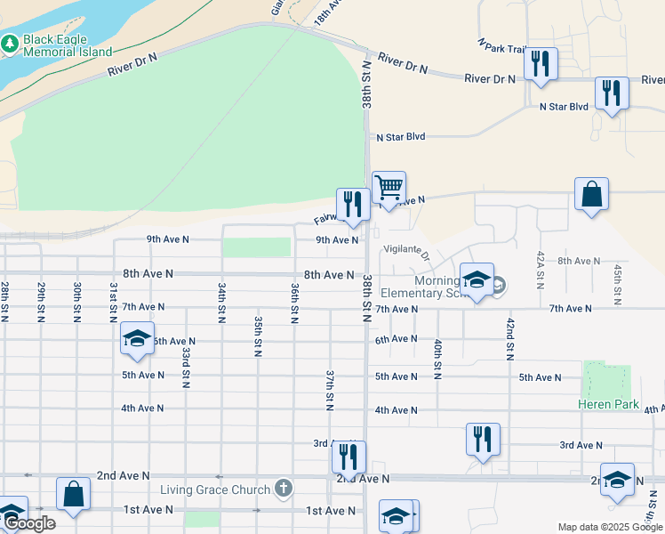 map of restaurants, bars, coffee shops, grocery stores, and more near 3701 8th Avenue North in Great Falls