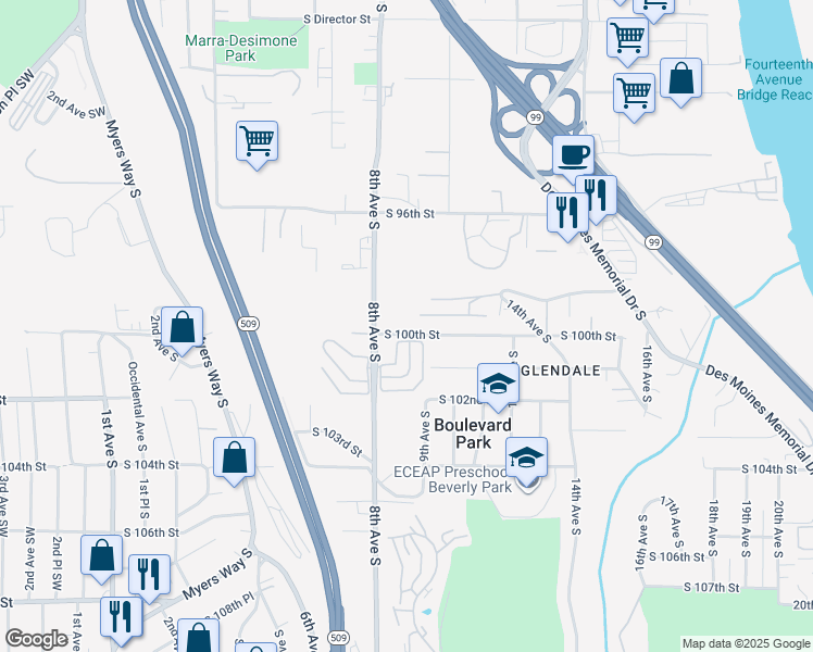 map of restaurants, bars, coffee shops, grocery stores, and more near 824 South 100th Street in Seattle