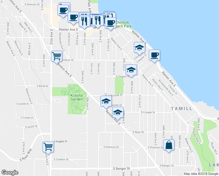 map of restaurants, bars, coffee shops, grocery stores, and more near 9732 57th Avenue South in Seattle