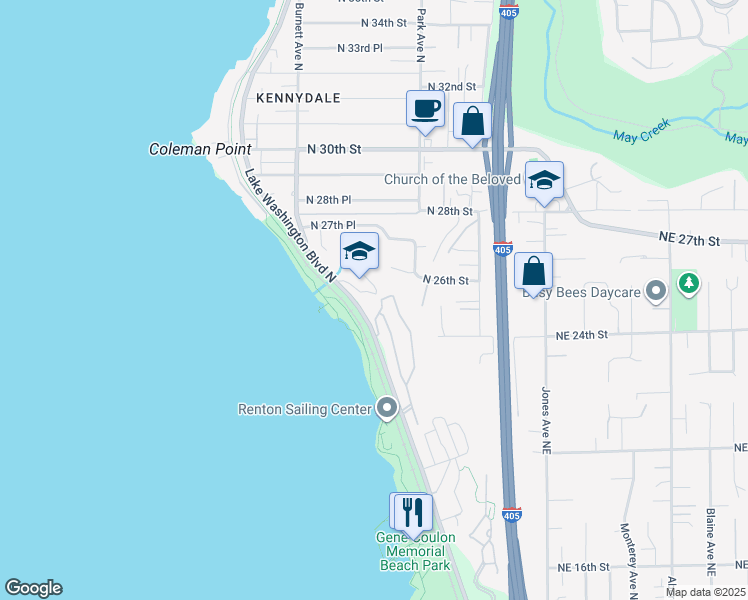 map of restaurants, bars, coffee shops, grocery stores, and more near 2406 Lake Washington Boulevard North in Renton