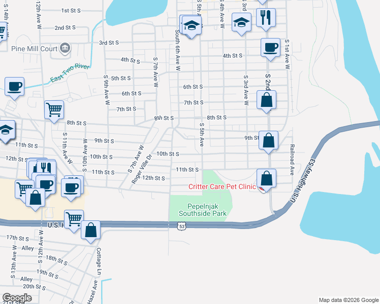 map of restaurants, bars, coffee shops, grocery stores, and more near 501 10th Street South in Virginia