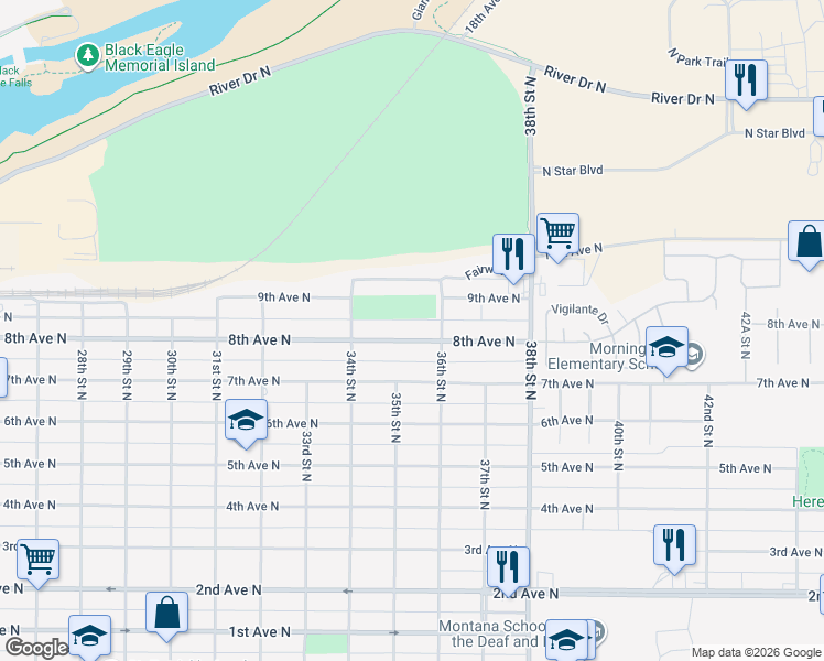 map of restaurants, bars, coffee shops, grocery stores, and more near 3441 8th Avenue North in Great Falls
