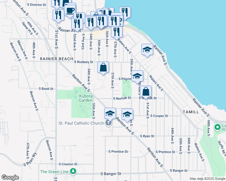 map of restaurants, bars, coffee shops, grocery stores, and more near 9732 57th Avenue South in Seattle