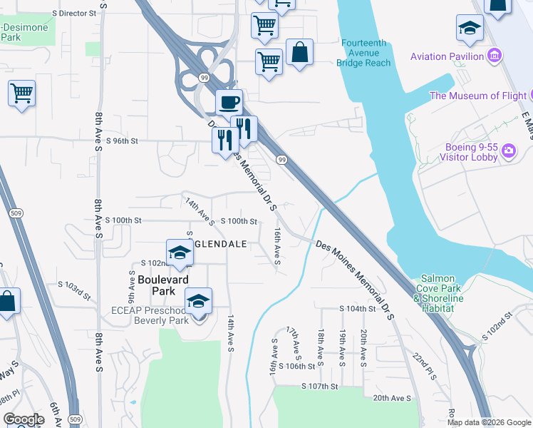 map of restaurants, bars, coffee shops, grocery stores, and more near 9941 16th Avenue South in Seattle
