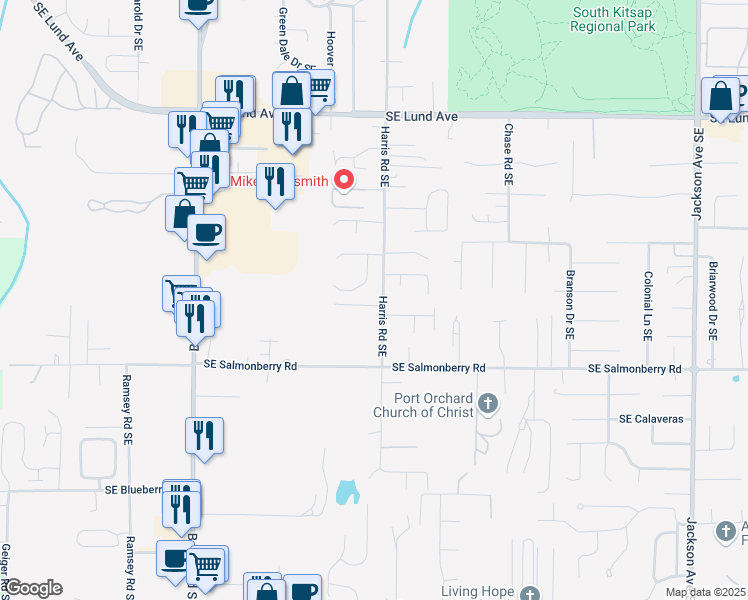 map of restaurants, bars, coffee shops, grocery stores, and more near 3896 Harris Road Southeast in Port Orchard