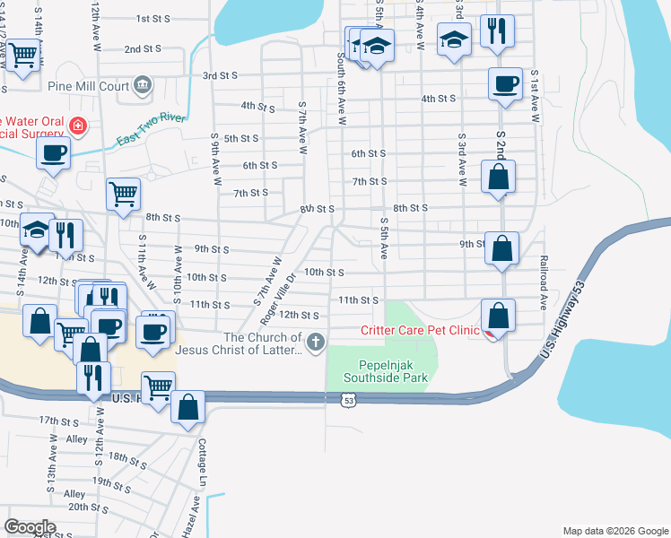 map of restaurants, bars, coffee shops, grocery stores, and more near 521 10th Street South in Virginia