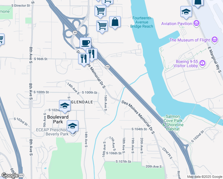 map of restaurants, bars, coffee shops, grocery stores, and more near 10002 Des Moines Memorial Drive in Seattle
