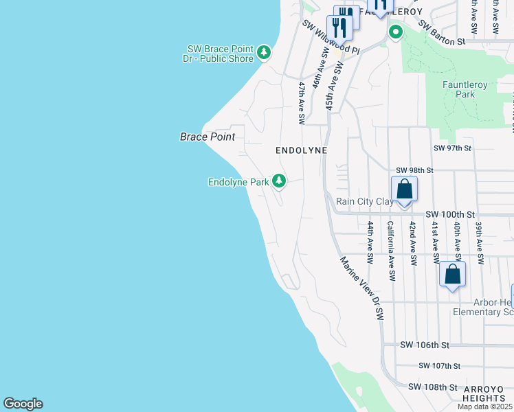map of restaurants, bars, coffee shops, grocery stores, and more near 9843 51st Avenue Southwest in Seattle