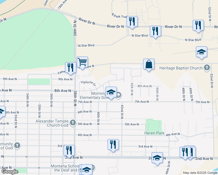 map of restaurants, bars, coffee shops, grocery stores, and more near 4007 Hanging Tree Road in Great Falls